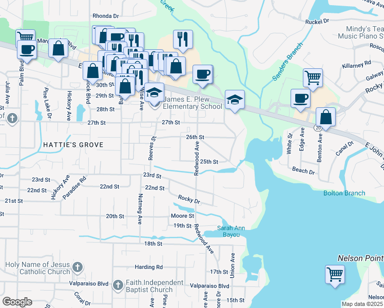 map of restaurants, bars, coffee shops, grocery stores, and more near 1621 25th Street in Niceville