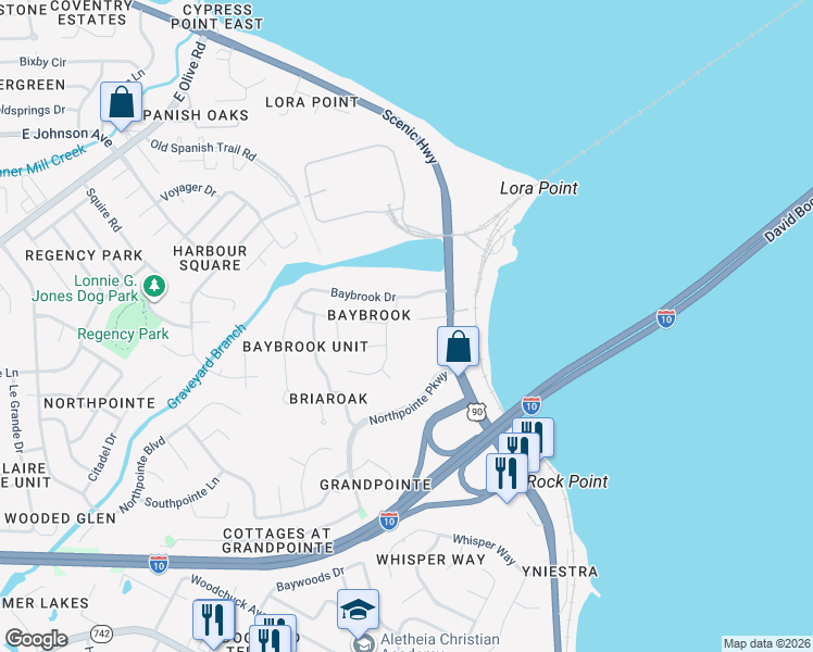 map of restaurants, bars, coffee shops, grocery stores, and more near 7628 Brook Forest Drive in Pensacola