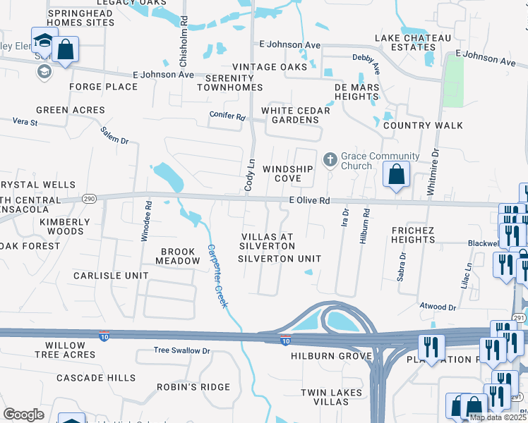 map of restaurants, bars, coffee shops, grocery stores, and more near 8061 Stonebrook Drive in Pensacola