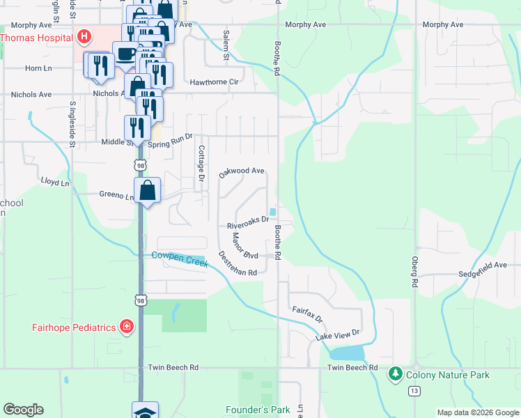 map of restaurants, bars, coffee shops, grocery stores, and more near 219 Riveroaks Drive in Fairhope