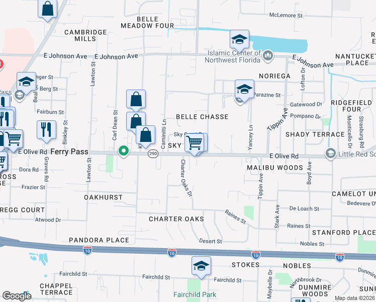 map of restaurants, bars, coffee shops, grocery stores, and more near 3022 East Olive Road in Pensacola