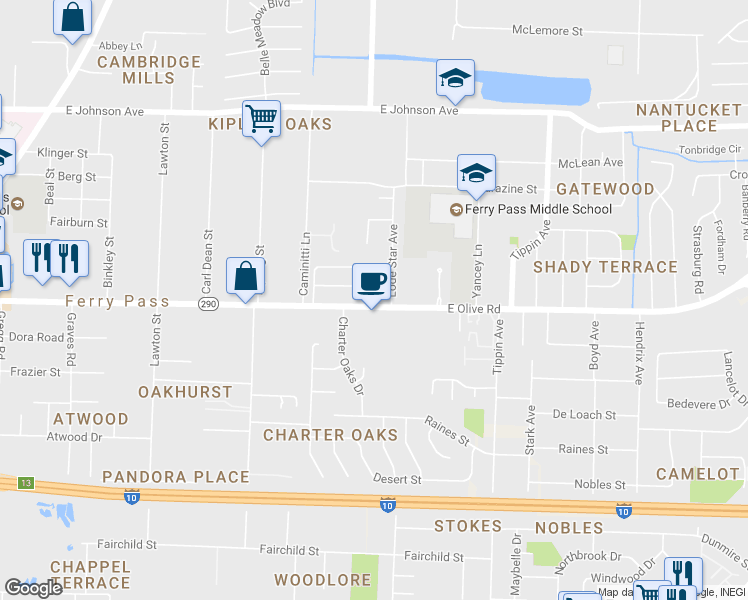 map of restaurants, bars, coffee shops, grocery stores, and more near 3062 East Olive Road in Pensacola