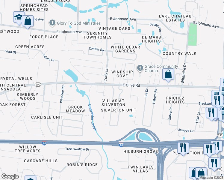 map of restaurants, bars, coffee shops, grocery stores, and more near 8073 Stonebrook Drive in Pensacola