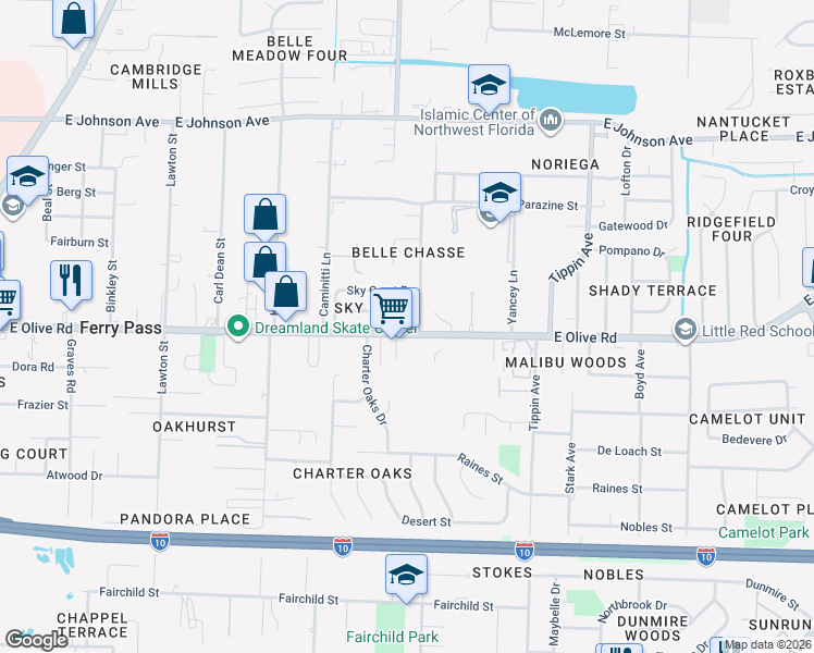 map of restaurants, bars, coffee shops, grocery stores, and more near 3072 East Olive Road in Pensacola