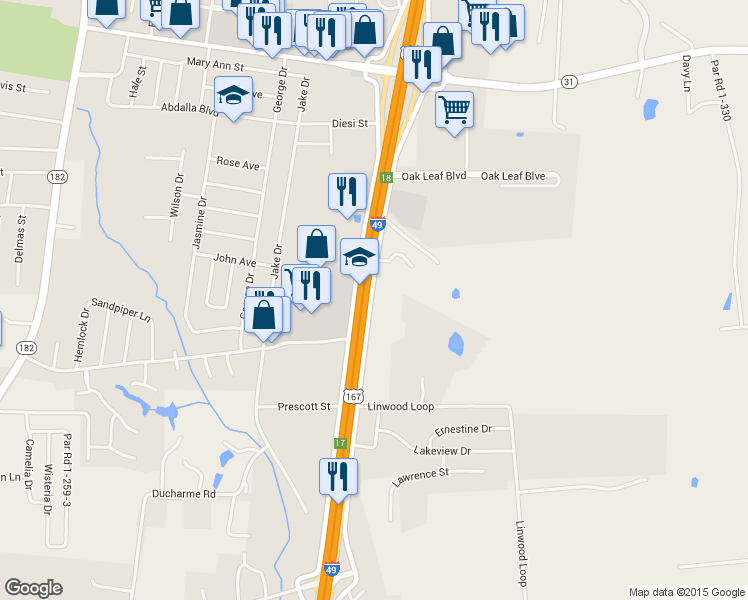 map of restaurants, bars, coffee shops, grocery stores, and more near 5424 Interstate 49 Frontage Road in Opelousas