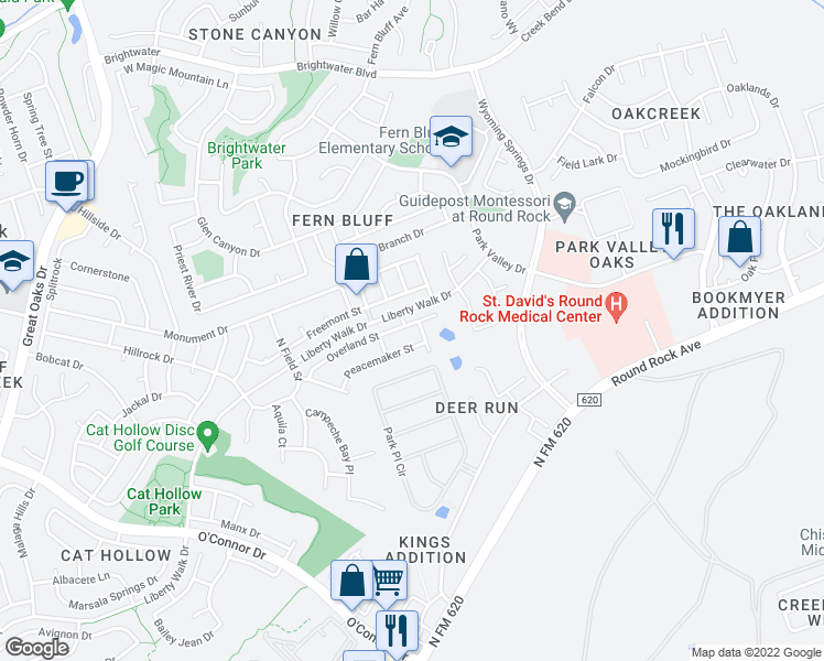 map of restaurants, bars, coffee shops, grocery stores, and more near 2984 Peacemaker Street in Round Rock