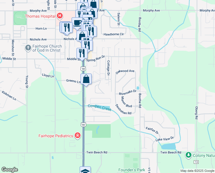 map of restaurants, bars, coffee shops, grocery stores, and more near 158 Oakwood Avenue in Fairhope