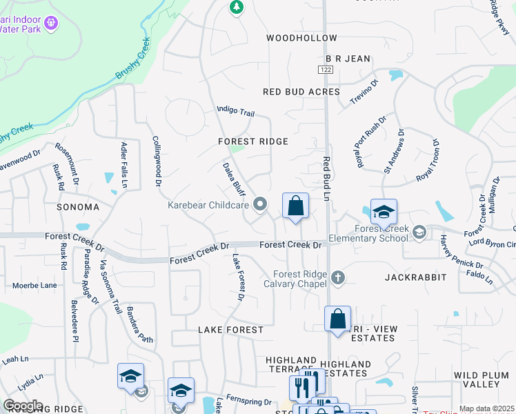 map of restaurants, bars, coffee shops, grocery stores, and more near 3100 Oak Branch Place in Round Rock