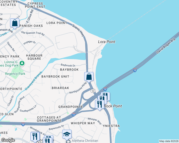 map of restaurants, bars, coffee shops, grocery stores, and more near 8200 Scenic Highway in Pensacola