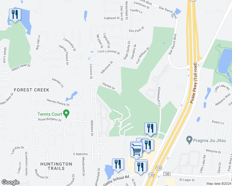 map of restaurants, bars, coffee shops, grocery stores, and more near 182 Danish Drive in Hutto