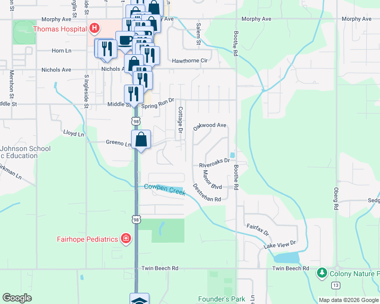 map of restaurants, bars, coffee shops, grocery stores, and more near 158 Oakwood Avenue in Fairhope