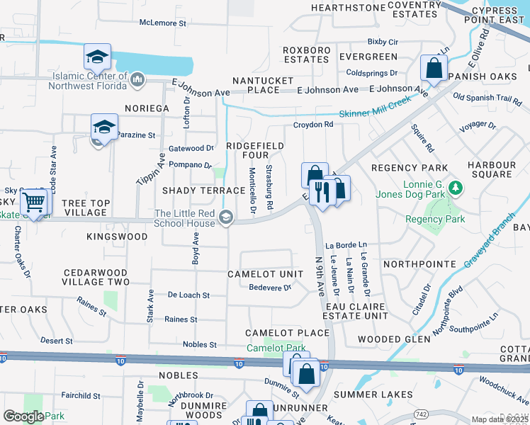 map of restaurants, bars, coffee shops, grocery stores, and more near 8105 Strasburg Road in Pensacola