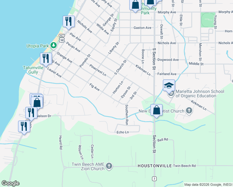 map of restaurants, bars, coffee shops, grocery stores, and more near 518 Dyson Street in Fairhope