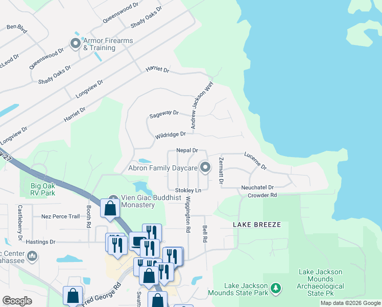 map of restaurants, bars, coffee shops, grocery stores, and more near 4125 Wiggington Road in Tallahassee