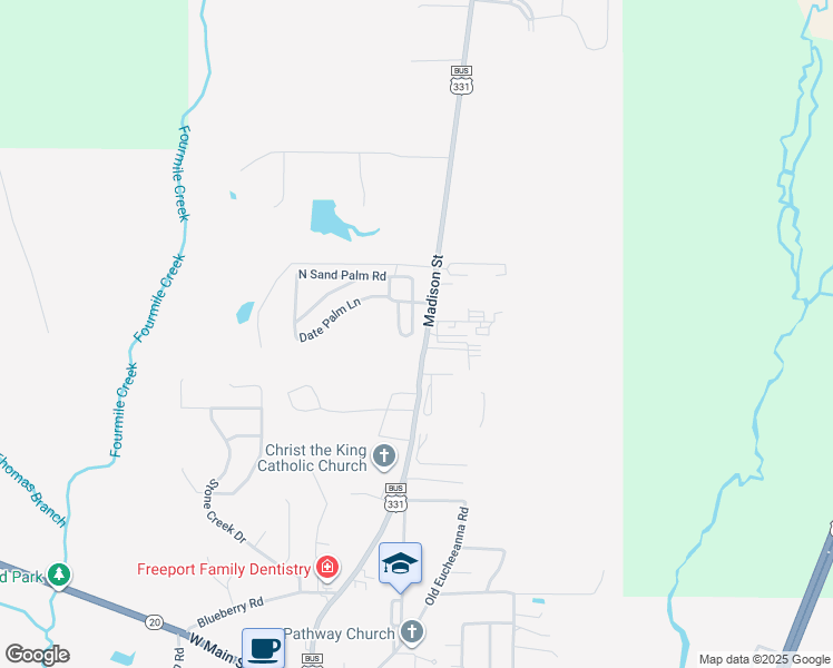 map of restaurants, bars, coffee shops, grocery stores, and more near 15139 U.S. 331 Business in Freeport