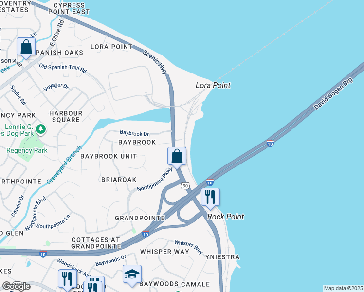 map of restaurants, bars, coffee shops, grocery stores, and more near 8200 Scenic Highway in Pensacola