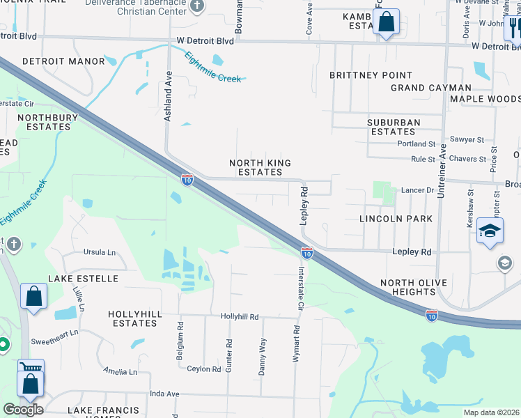 map of restaurants, bars, coffee shops, grocery stores, and more near 1711 Dauphine Street in Pensacola