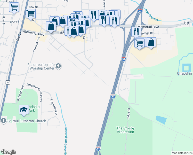map of restaurants, bars, coffee shops, grocery stores, and more near 1001-1099 Telly Road in Picayune