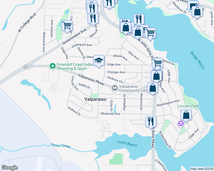 map of restaurants, bars, coffee shops, grocery stores, and more near 489 Valparaiso Parkway in Valparaiso