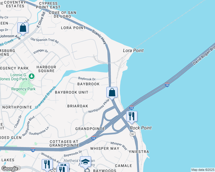map of restaurants, bars, coffee shops, grocery stores, and more near 4505 Piper Glen Drive in Pensacola