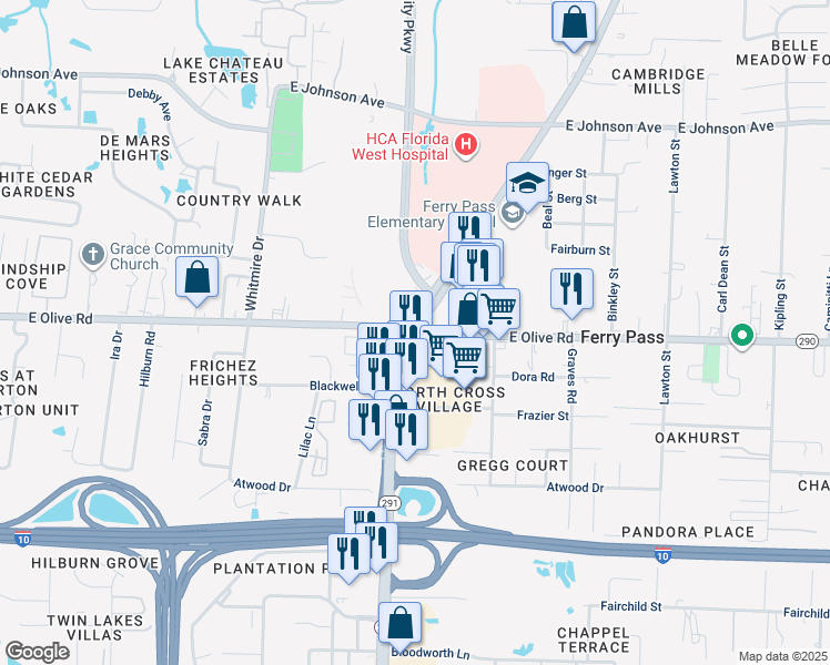 map of restaurants, bars, coffee shops, grocery stores, and more near N Davis Hwy & E Olive Rd in Ferry Pass