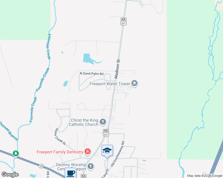 map of restaurants, bars, coffee shops, grocery stores, and more near 15139 U.S. 331 Business in Freeport