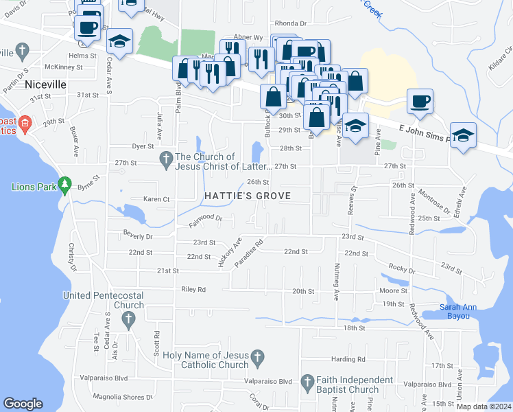 map of restaurants, bars, coffee shops, grocery stores, and more near 1959 Hattie Mae Lane in Niceville