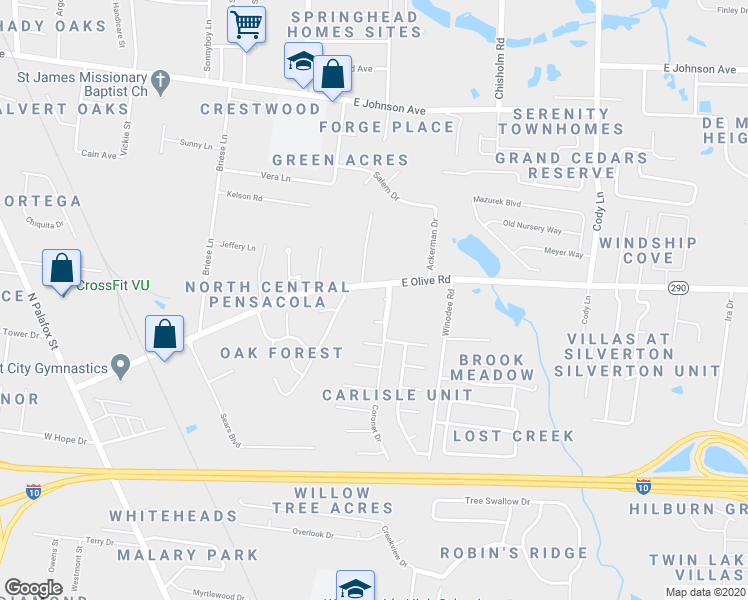 map of restaurants, bars, coffee shops, grocery stores, and more near 8017 Coronet Drive in Pensacola