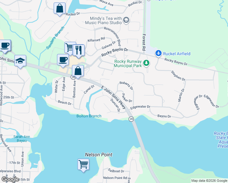 map of restaurants, bars, coffee shops, grocery stores, and more near 2301 Roberts Drive in Niceville