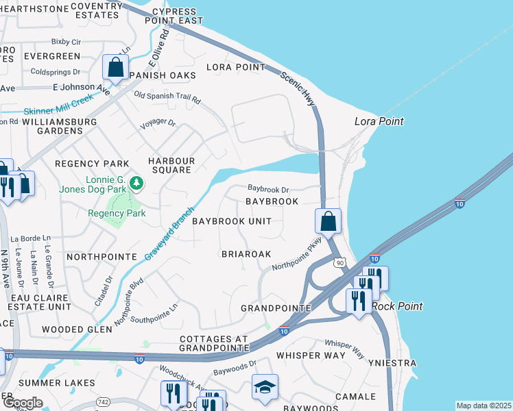 map of restaurants, bars, coffee shops, grocery stores, and more near 4750 Baywind Drive in Pensacola
