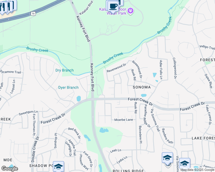 map of restaurants, bars, coffee shops, grocery stores, and more near 2516 Alexander Court in Round Rock