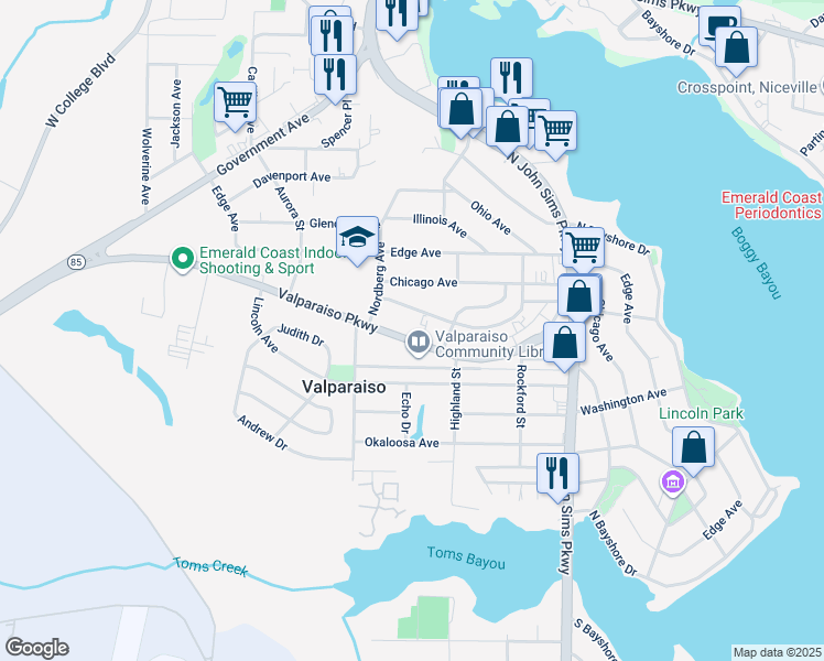 map of restaurants, bars, coffee shops, grocery stores, and more near 489 Valparaiso Parkway in Valparaiso