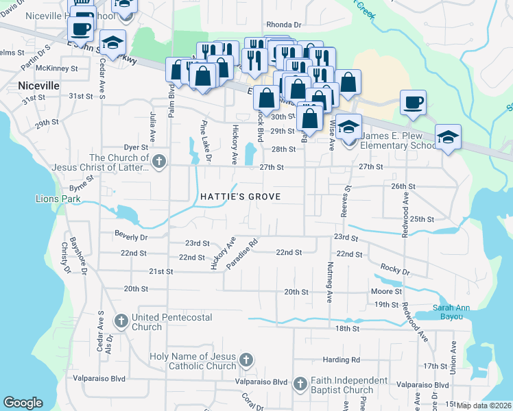 map of restaurants, bars, coffee shops, grocery stores, and more near 1905 Cottage Grove Lane in Niceville