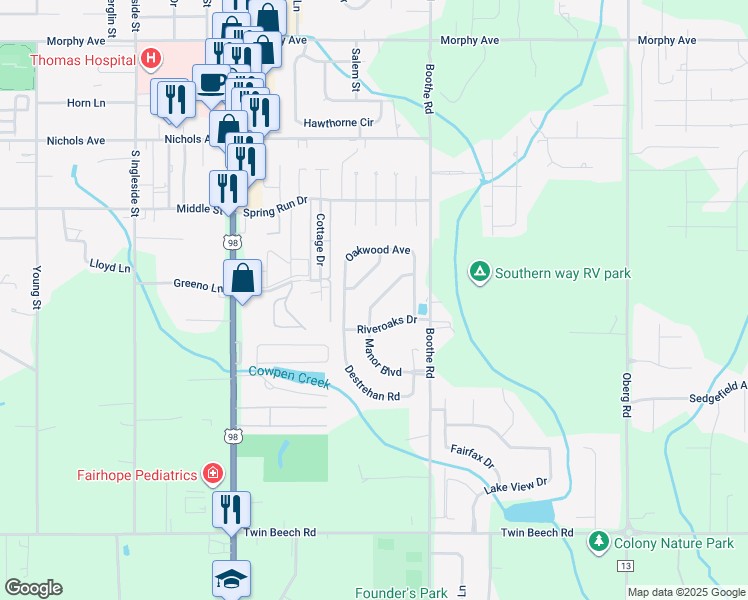 map of restaurants, bars, coffee shops, grocery stores, and more near 205 Driftwood Avenue in Fairhope