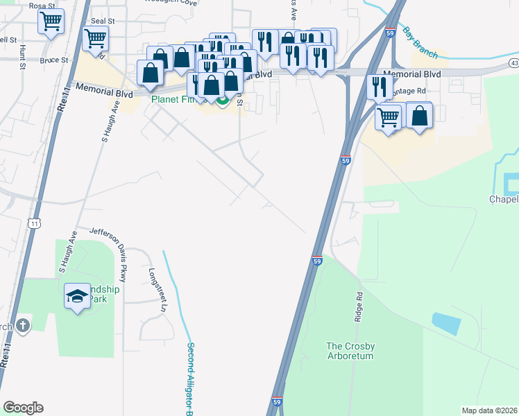 map of restaurants, bars, coffee shops, grocery stores, and more near 1001-1099 Telly Road in Picayune