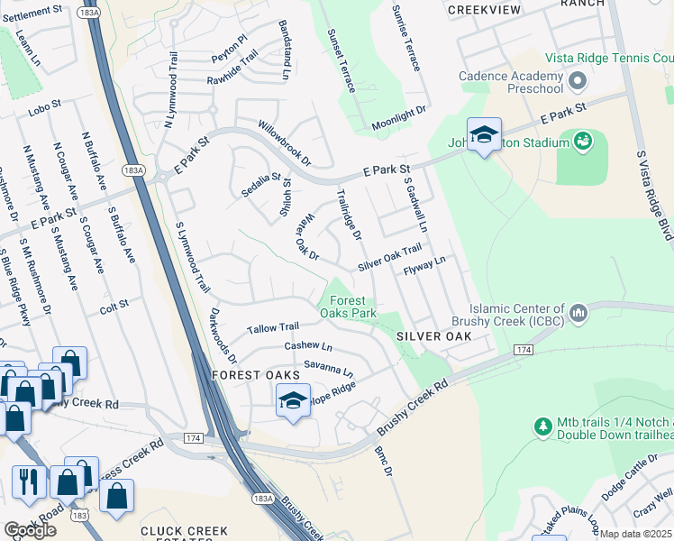 map of restaurants, bars, coffee shops, grocery stores, and more near 403 Water Oak Drive in Cedar Park