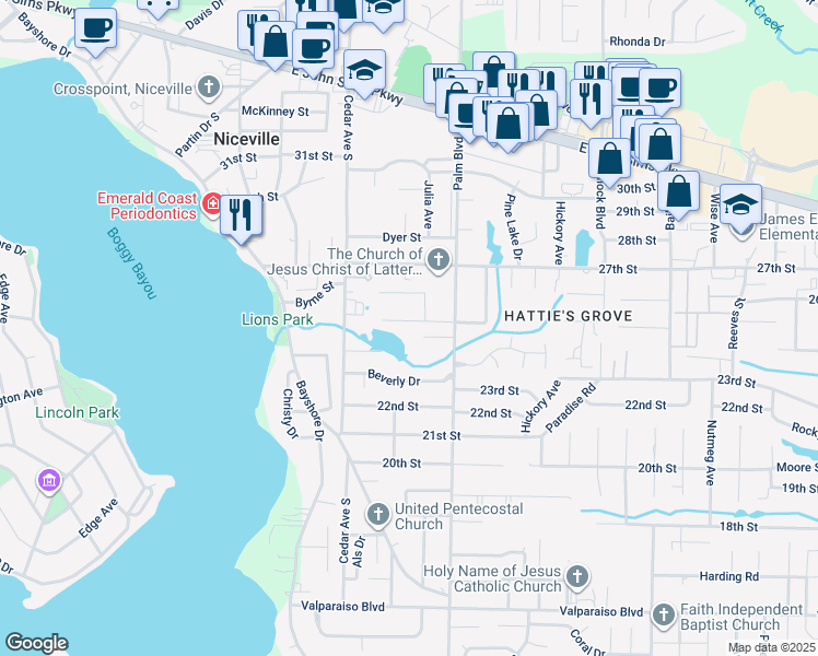 map of restaurants, bars, coffee shops, grocery stores, and more near 230 Karen Court in Niceville