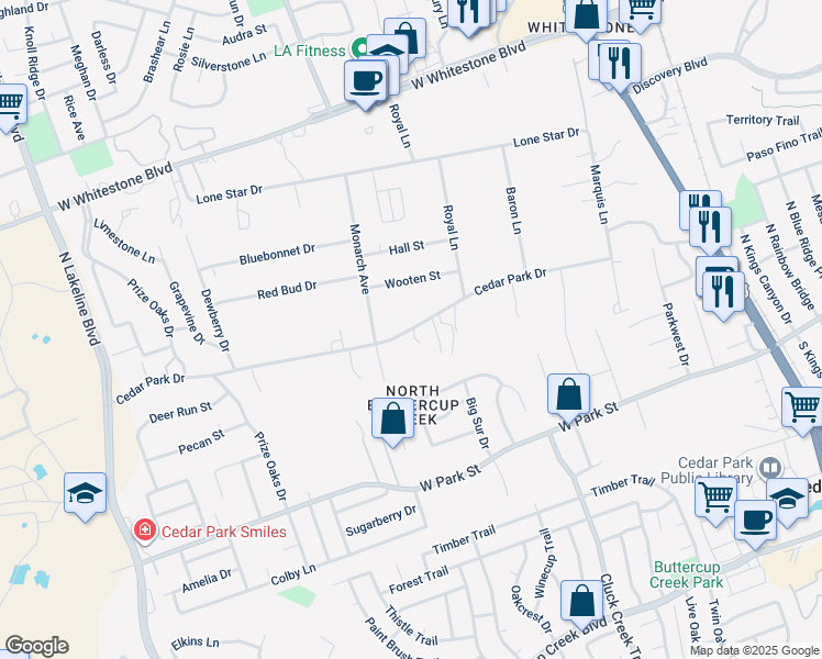 map of restaurants, bars, coffee shops, grocery stores, and more near 900 Cedar Park Drive in Cedar Park