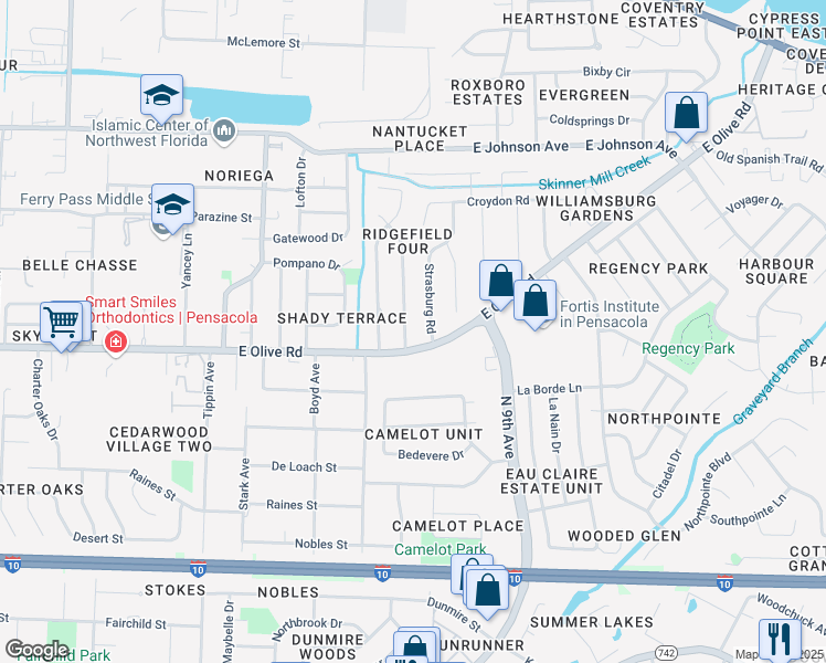 map of restaurants, bars, coffee shops, grocery stores, and more near 8105 Strasburg Road in Pensacola