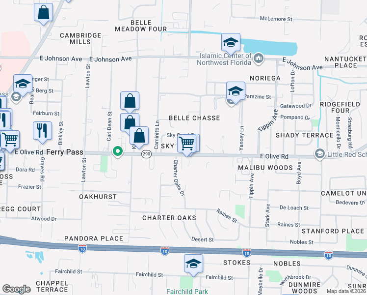 map of restaurants, bars, coffee shops, grocery stores, and more near 3022 East Olive Road in Pensacola