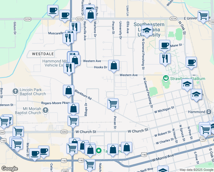 map of restaurants, bars, coffee shops, grocery stores, and more near 29 Joe Iverstine Place in Hammond
