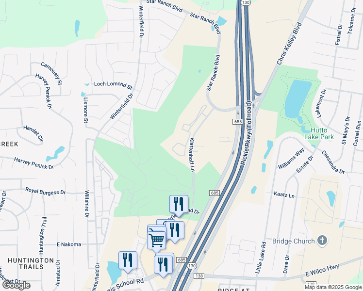 map of restaurants, bars, coffee shops, grocery stores, and more near 150 Klattenhoff Lane in Hutto