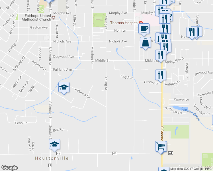 map of restaurants, bars, coffee shops, grocery stores, and more near 5397 Young Street in Fairhope