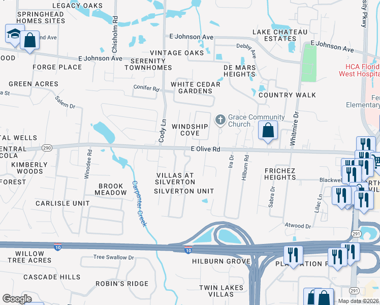 map of restaurants, bars, coffee shops, grocery stores, and more near 8030 Heirloom Drive in Pensacola