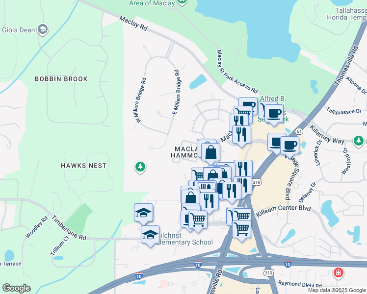 map of restaurants, bars, coffee shops, grocery stores, and more near 1277 Mosswood Chase in Tallahassee