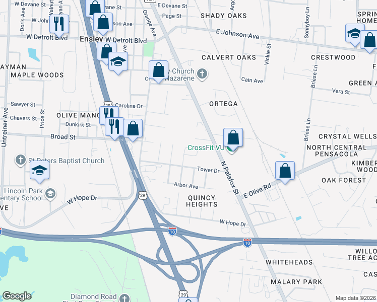 map of restaurants, bars, coffee shops, grocery stores, and more near 8010 Beaver Circle in Pensacola