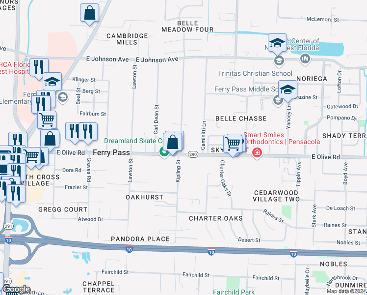 map of restaurants, bars, coffee shops, grocery stores, and more near 8128 Kipling Street in Pensacola