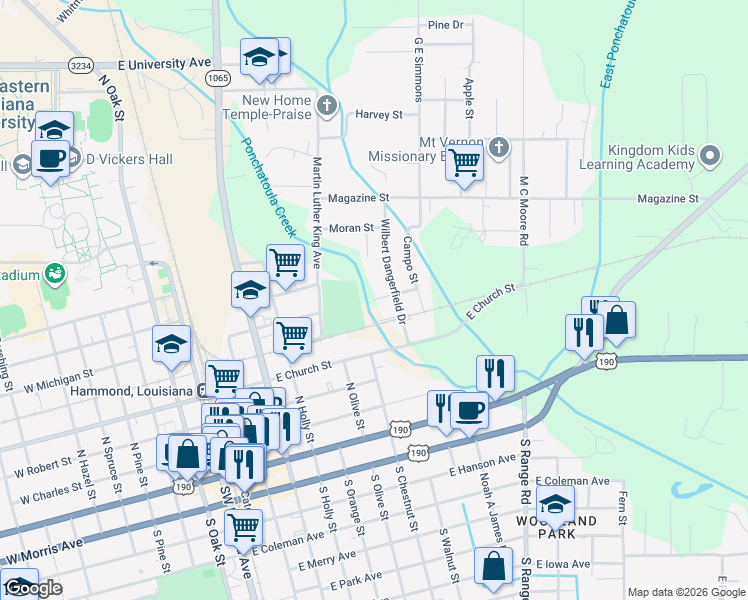 map of restaurants, bars, coffee shops, grocery stores, and more near 711 East Robinson Street in Hammond