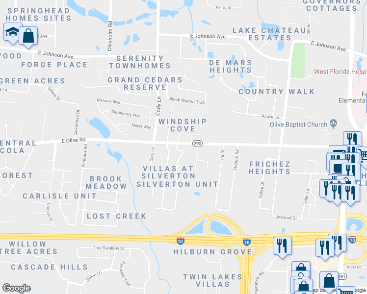 map of restaurants, bars, coffee shops, grocery stores, and more near 8058 Heirloom Drive in Pensacola