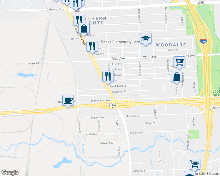 map of restaurants, bars, coffee shops, grocery stores, and more near 6698 Scenic Highway in Baton Rouge